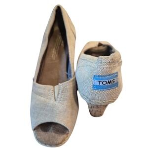 TOMS Women's Wedge Heels Peep Toe Shoes Casual Beige Canvas size 7.5